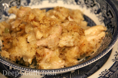 A super easy and moist crockpot chicken and dressing, made using a packaged stuffing mix like Pepperidge Farm, adding in sauteed onion and celery, cooked chicken and cream soup, blended with chicken stock.