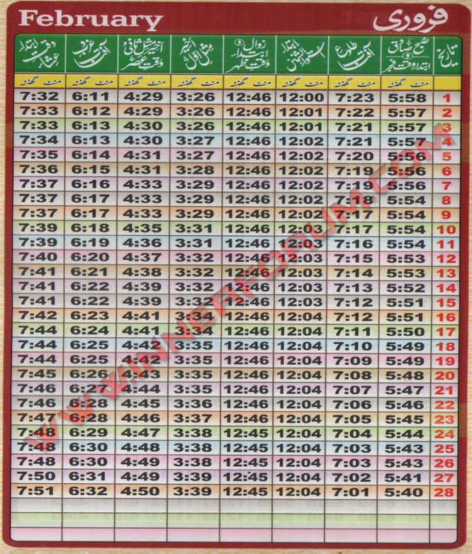Auqat E Namaz Calendar