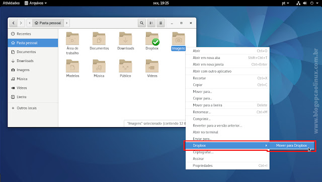 Menu de contexto do Nautilus mostrando a opção "Mover para Dropbox" Menu de contexto do Nautilus mostrando a opção "Mover para Dropbox"