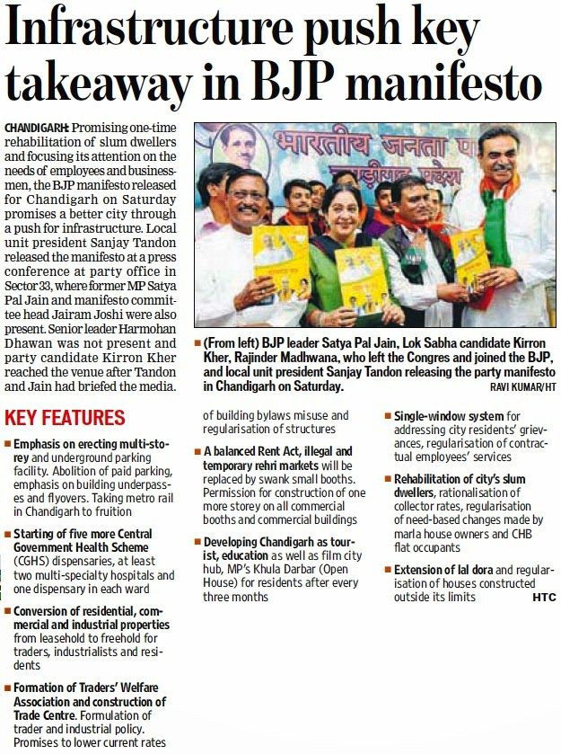 BJP leader Satya Pal Jain, Lok Sabha Candidate Kirron Kher & other BJP leaders releasing the pary manifesto in Chandigarh on Saturday. Ravi Kumar