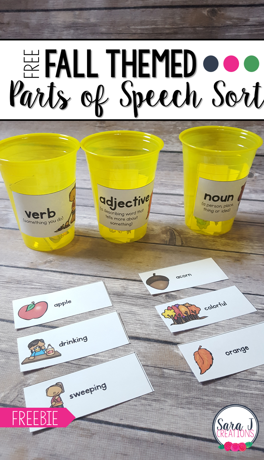 Free fall parts of speech sort to practice nouns, verbs and adjectives with a fun fall/autumn theme!