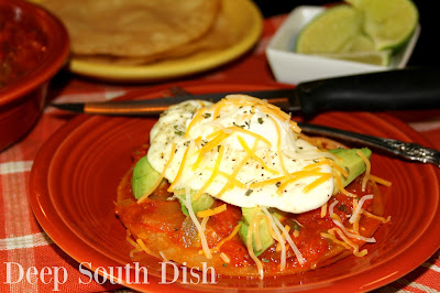 Huevos Rancheros, or Rancher's Eggs, was a popular mid-morning meal on Mexican farms and has made it's way to our tables. Great for breakfast, brunch, or breakfast for dinner, lightly fried corn tortillas are topped with a layer of beans, salsa, avocado, a fried egg, crema and shredded cheese with a dash of hot sauce.