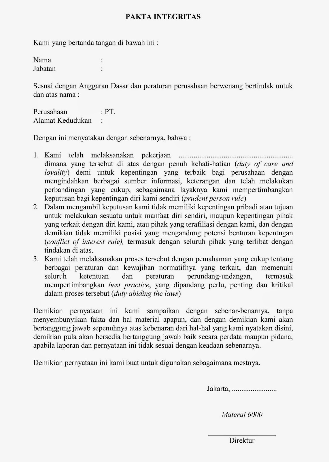 Contoh Surat Pernyataan Pakta Integritas  Wisanggeni