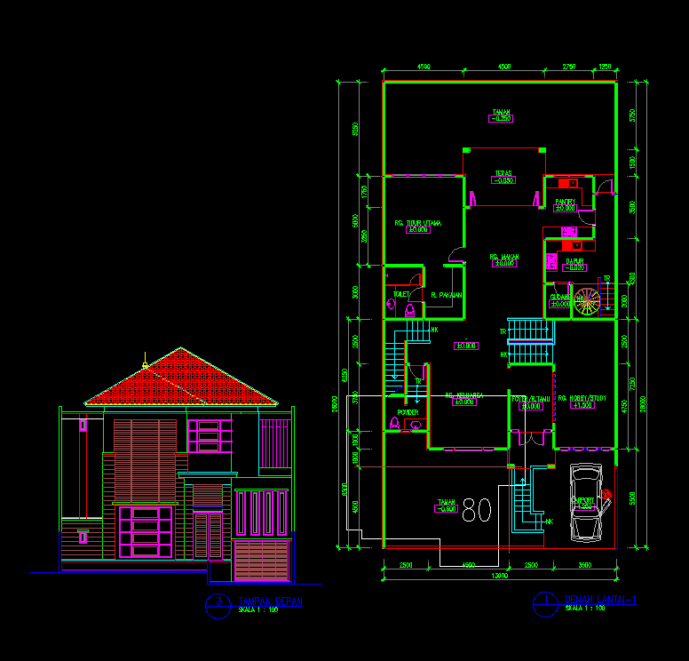 Download Gambar AutoCAD Desain Rumah Tinggal 2 Lantai