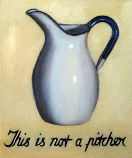 Oil painting of a while enamel jug with a blue handle, with an inscription below reading "This is not a pitcher".