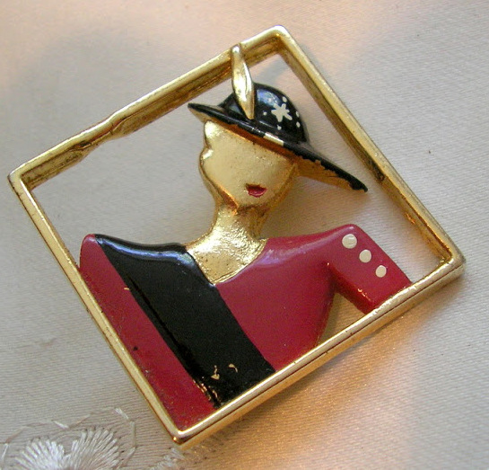Art Deco Brooch - Red And Black Lady