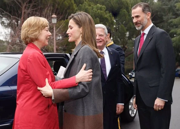 Queen Letizia wore Hugo Boss Colorina Wool Blend Cashmere Striped Coat and Boss Malivi Wool Blend Cashmere Striped Skirt, Uterque high heel shoes