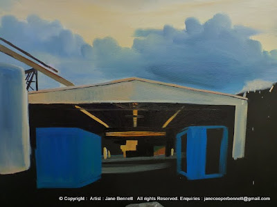 plein air oil painting of the White Bay Transit Shed, White Bay Wharf by industrial and maritime heritage artist Jane Bennett