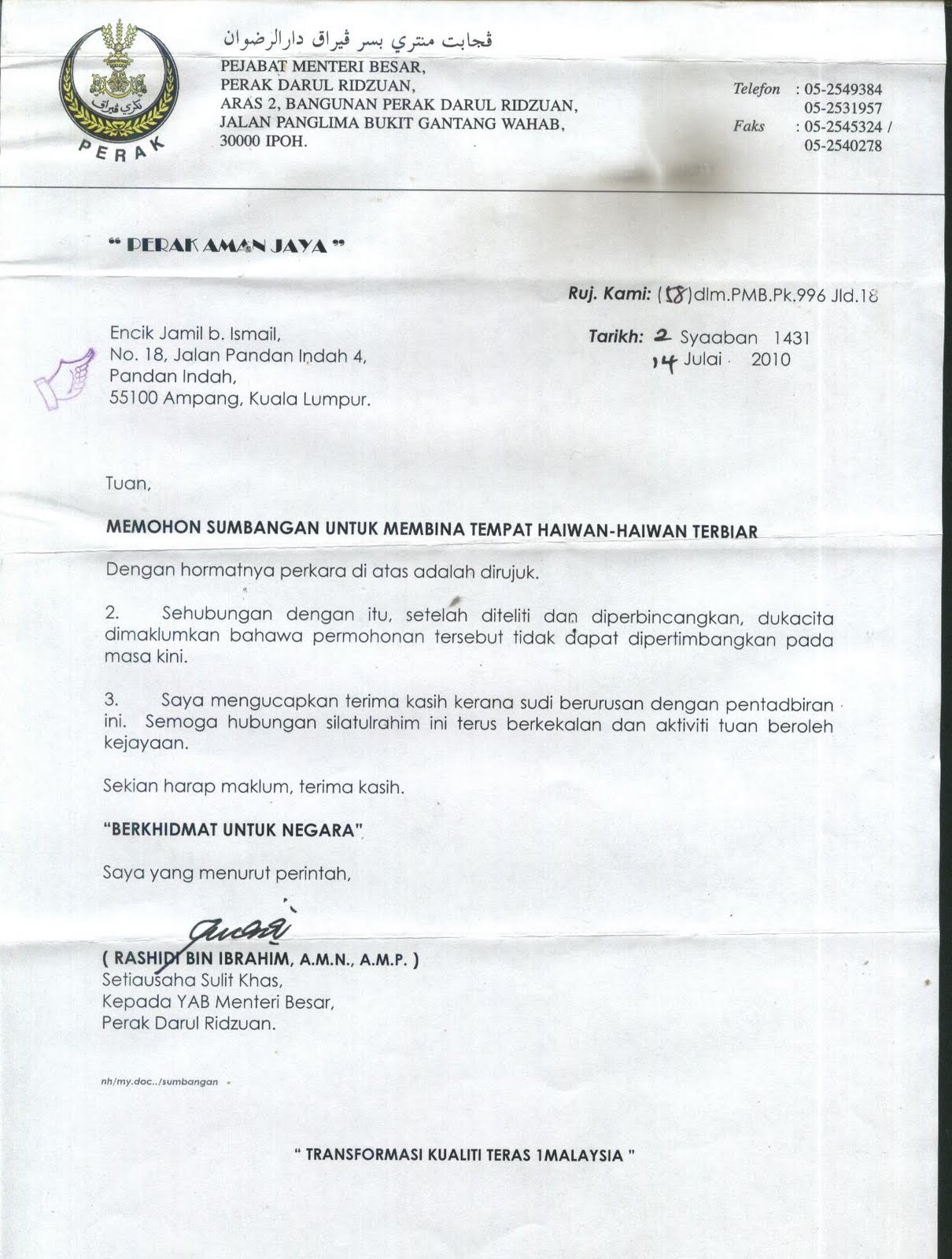 JKCR Animals care Surat memohon sumbangan kepada Kerajaan negeri Perak.