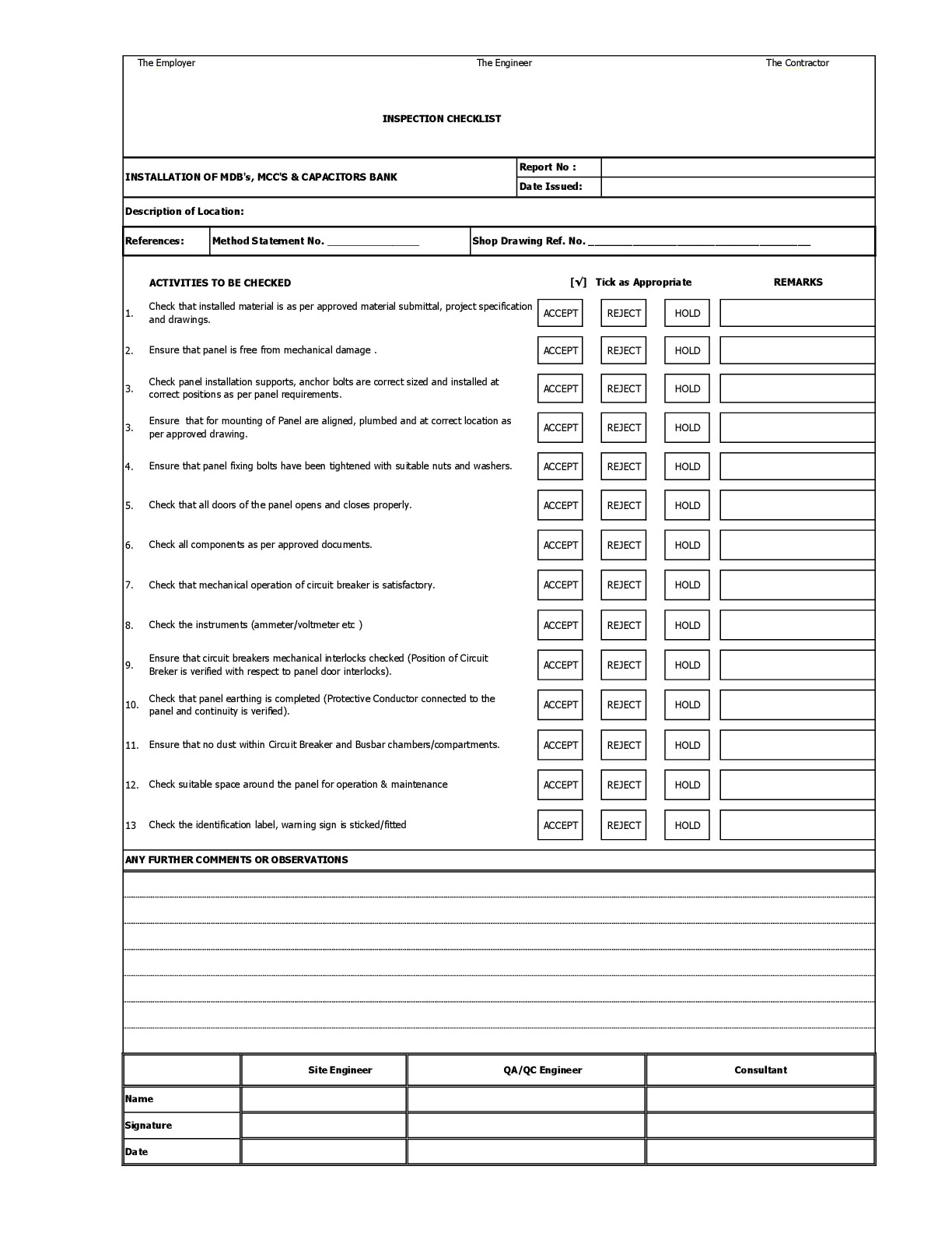 ELECTRICAL QC WORKS RELATED Installation of MDB /MCC's & Capacitors