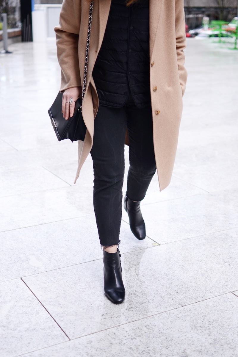 Gap camel wool coat UNIQLO ultralite down vest moschino bag geox symphony boots levis wedgie jeans vancouver fashion blogger winter outfit