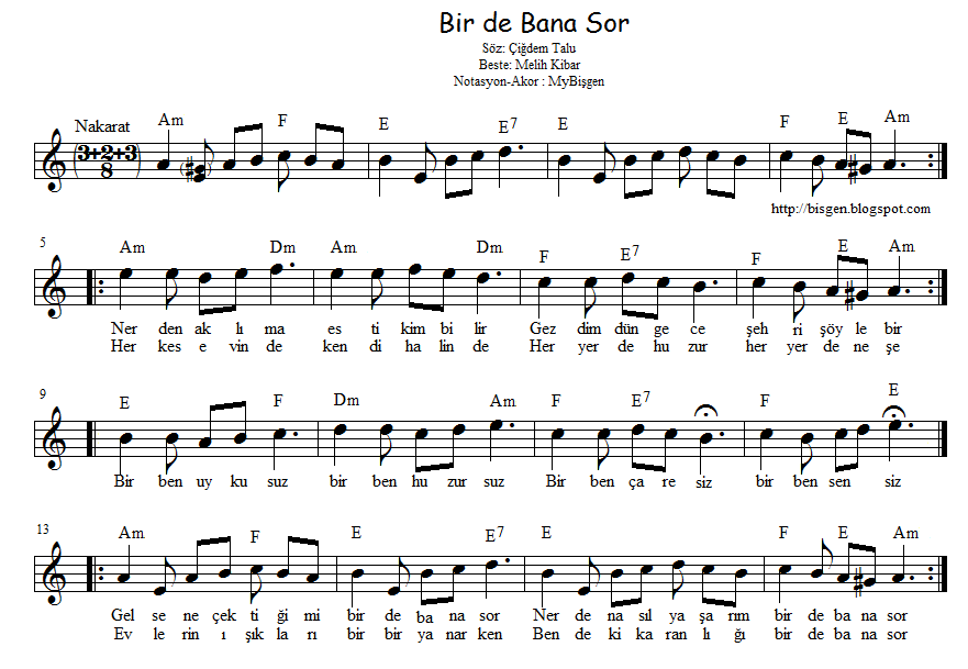 Bir de Bana Sor Nota Akor TAB