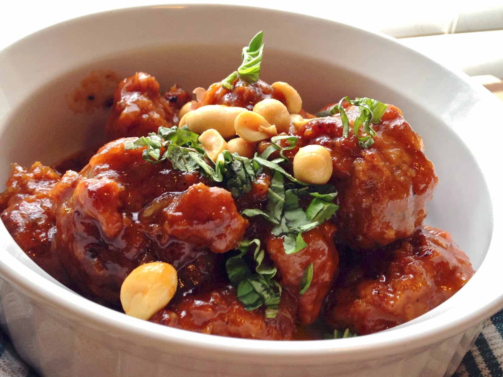 Natural Sugar Apricot BBQ Meatballs with Basil & Peanuts