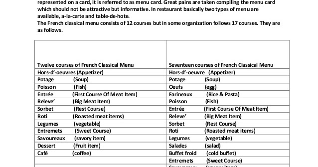 F B About French Classical Menu