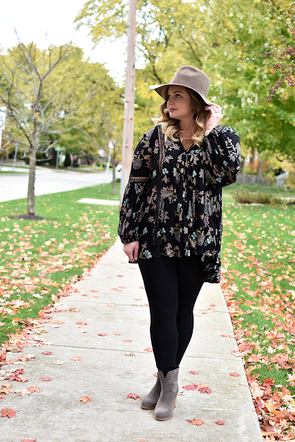 free people just the two of us floral tunic jcrew pixie pant splendid gray booties madewell hat fall outfit inspiration