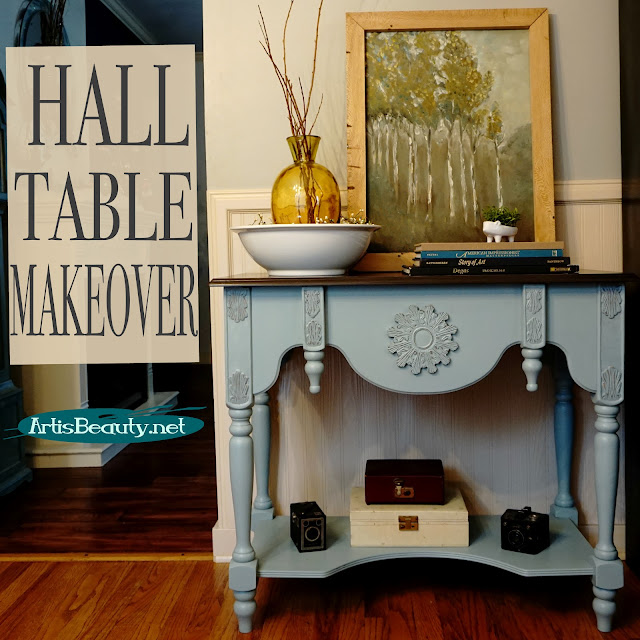 HALL TABLE MAKEOVER USING GENERAL FINISHES PERSIAN BLUE AND QUEENSTOWN GRAY MILK PAINT BEFORE AND AFTER DIY