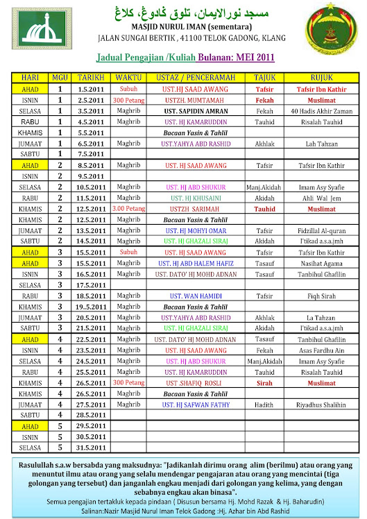 jadual pegajian / kuliah bulan Mei 2011