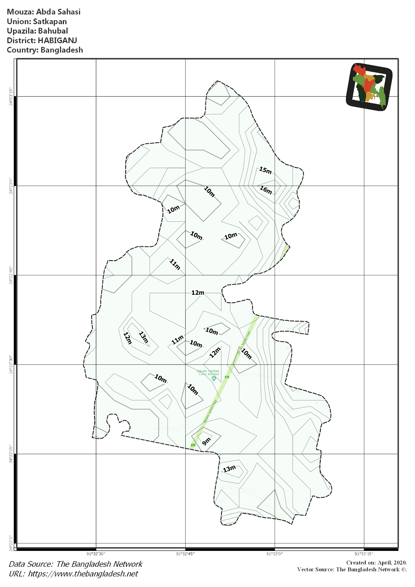 Map of Abda Sahasi Mouza of Bahubal Upazila, HABIGANJ, Bangladesh.