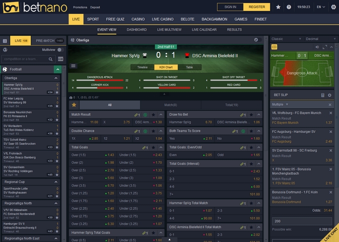 Betnano Live Betting Screen