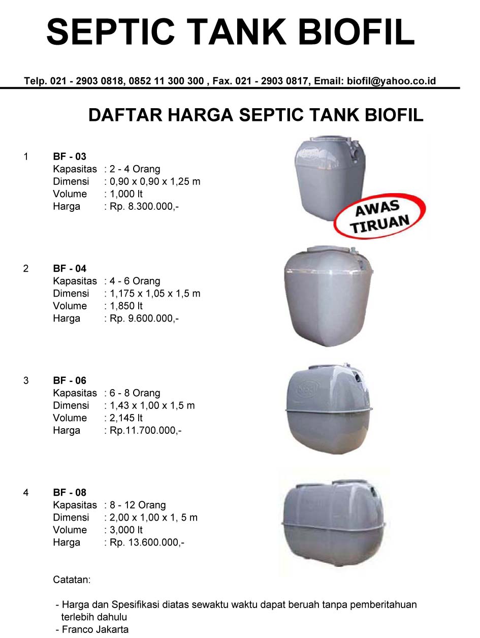 daftar harga septic tank biofil, price list, cara pasang, biogift, biofive, biotech, stp, ipal