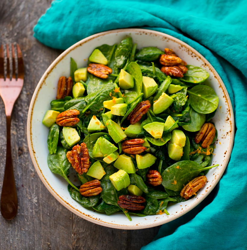 Candied Pecan Avocado Organic Spinach Salad - HealthyHappyLife.com