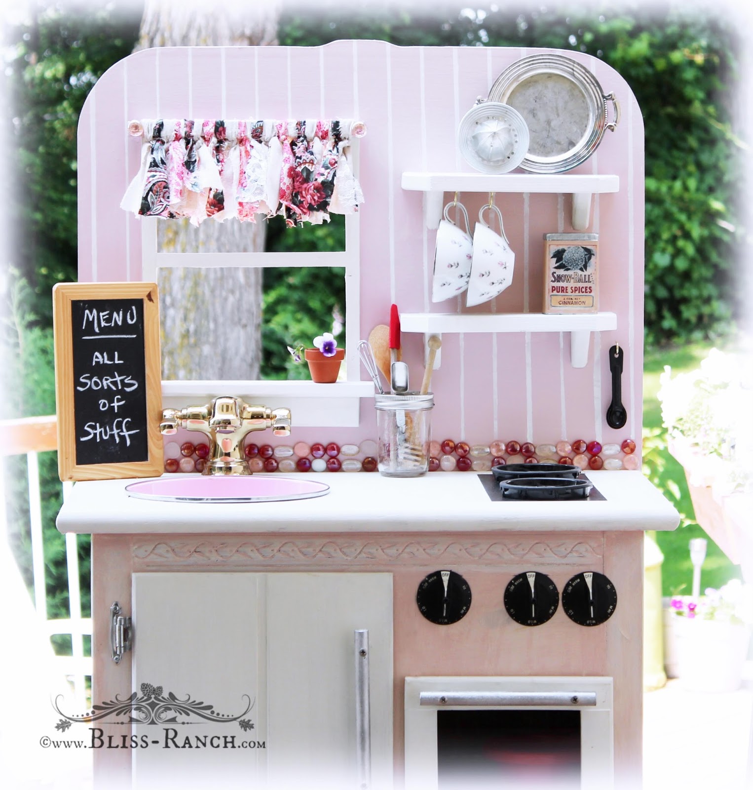 Recycled Nightstand Play Kitchen Bliss-Ranch.com #playkitchen #maisonblanchepaint  #paintedfurniture #ad