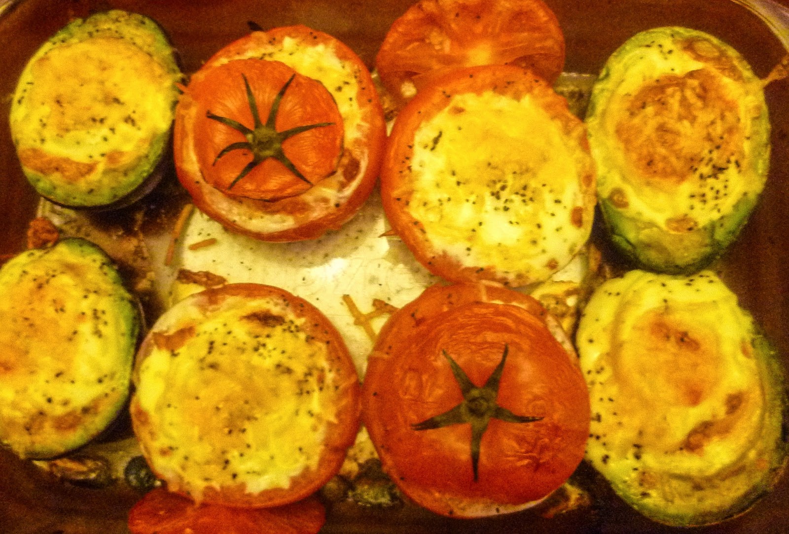 Sgt. Pepper's Kitchen Baked Eggs in Tomato and Avocado