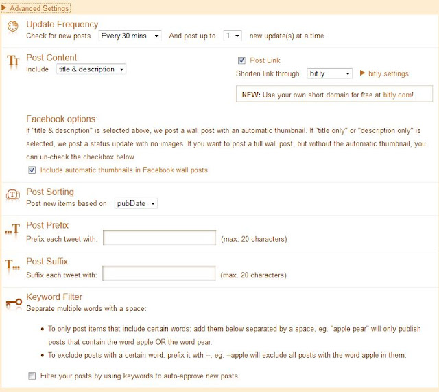 Advanced settings in Twitterfeed