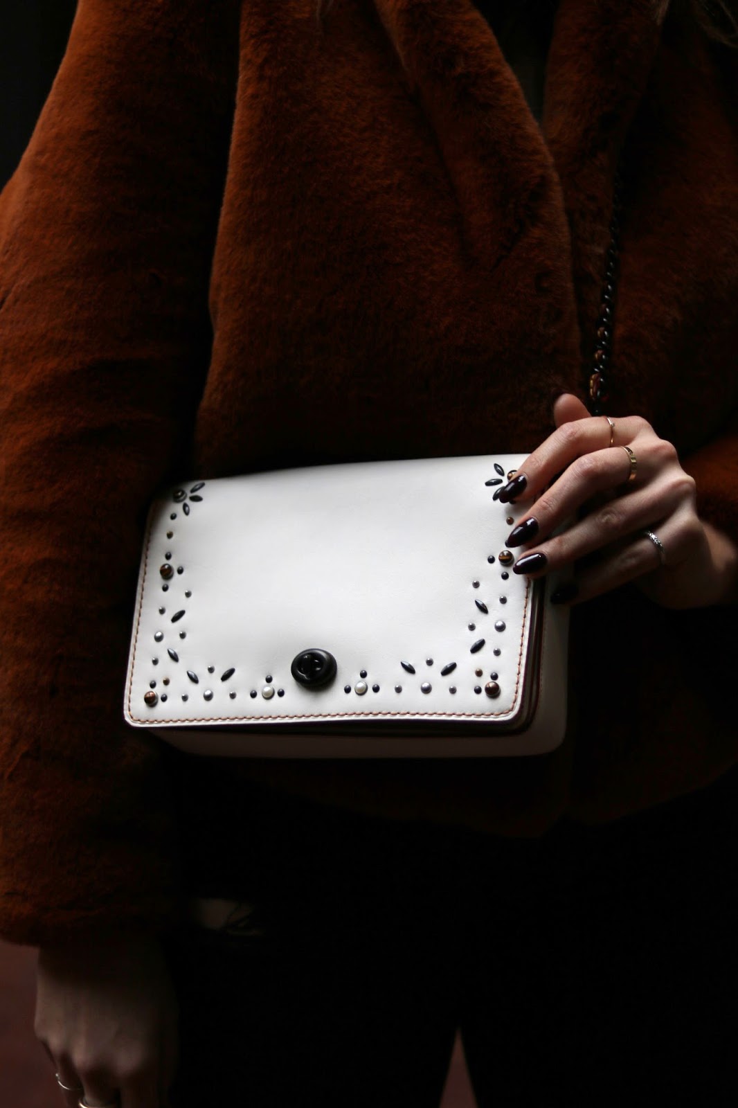 Coach Create Dinky 45 white custom handbag faux fur coat outfit vancouver fashion blogger aleesha harris