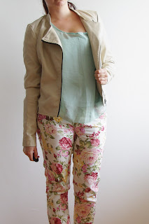 [Fashion] The Floral Pants! Mint Chiffon Top, Jeans Jacket / Beige Leather Jacket / Mint Coat