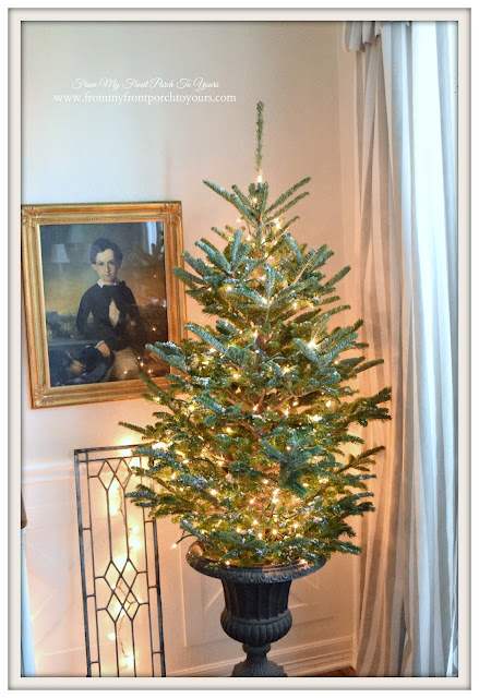 Farmhouse Christmas Dining Room- Christmas Tree In Urn-White Lights-From My Front Porch To Yours