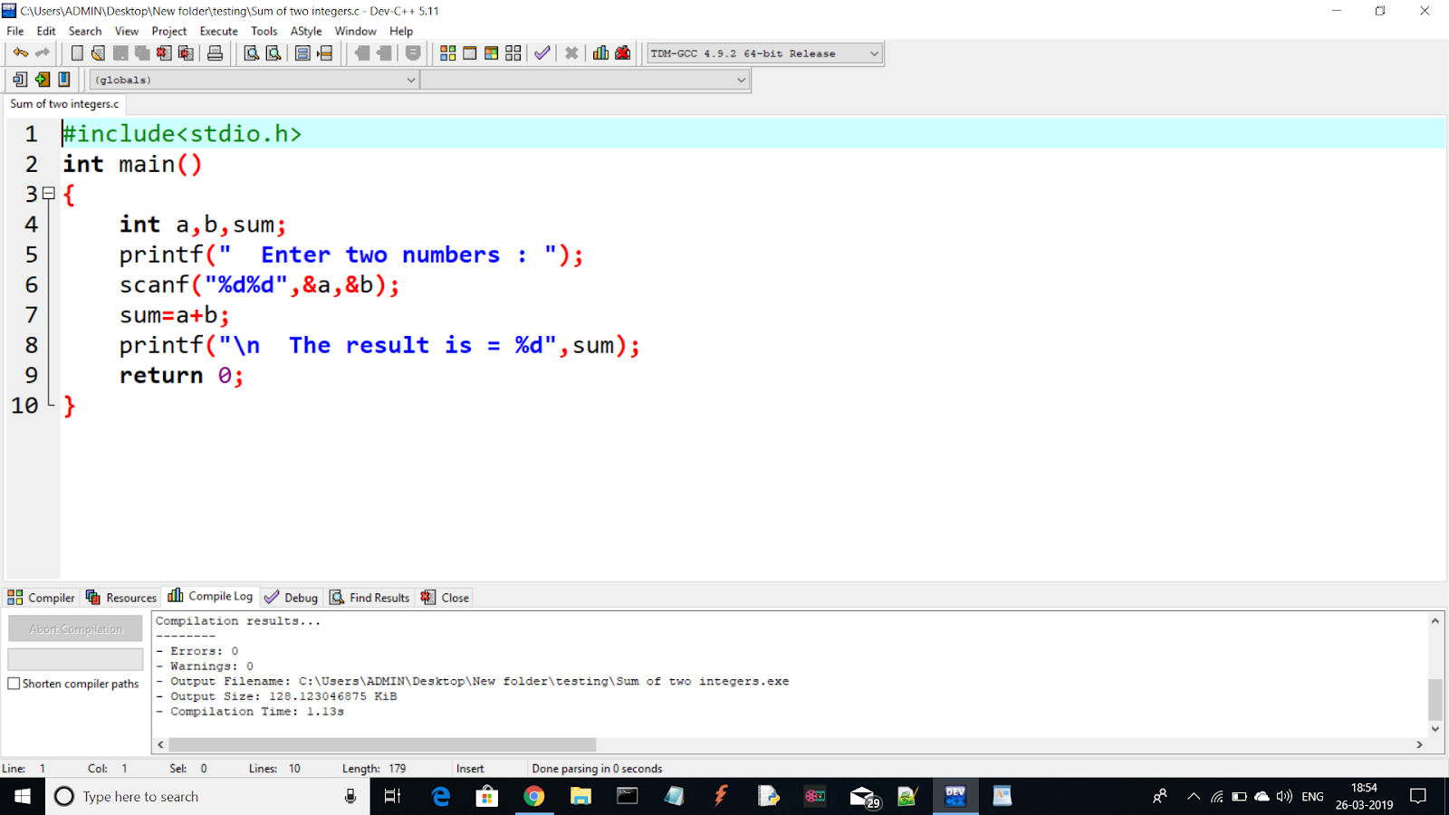 Basic Integer Addition in C language