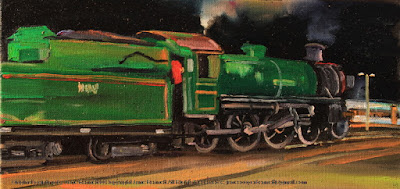 plein air nocturne oil painting of steam locomotive 3642 steaming outside the Large Erecting Shop, Eveleigh Railway Workshops by industrial heritage artist Jane Bennett