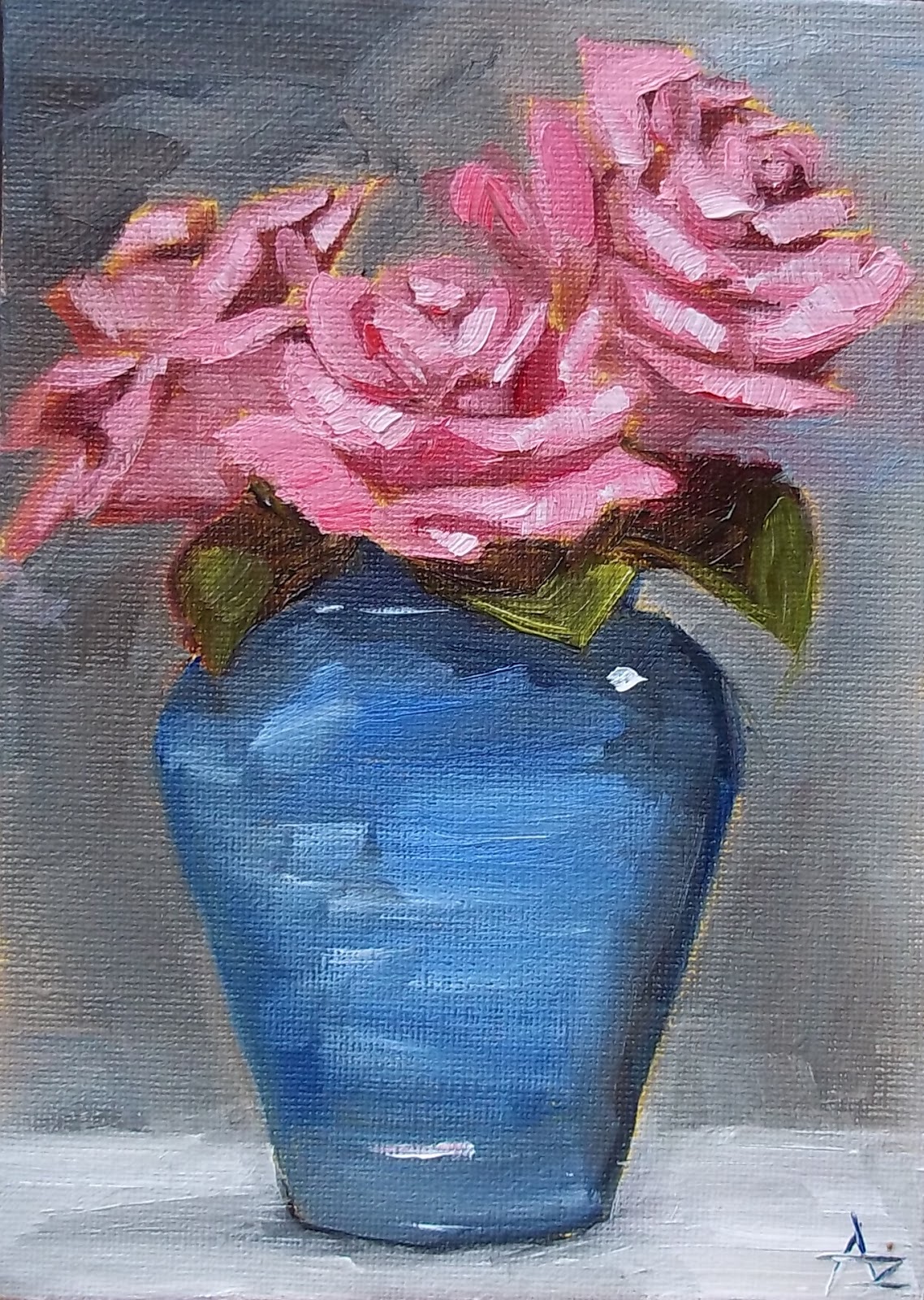 Azra's Painting a Day Pink Roses in Blue vase