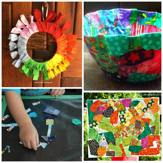 Fabric scrap crafts and activities for kids. Kids love fabric!  Plan one of these fun art projects for your preschool, kindergarten, or elementary child.