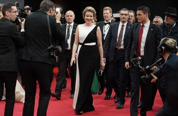 Queen Mathilde wore a two-tone crepe gown by Carolina Herrera. Bambi Awards at Festspielhaus in Baden-Baden