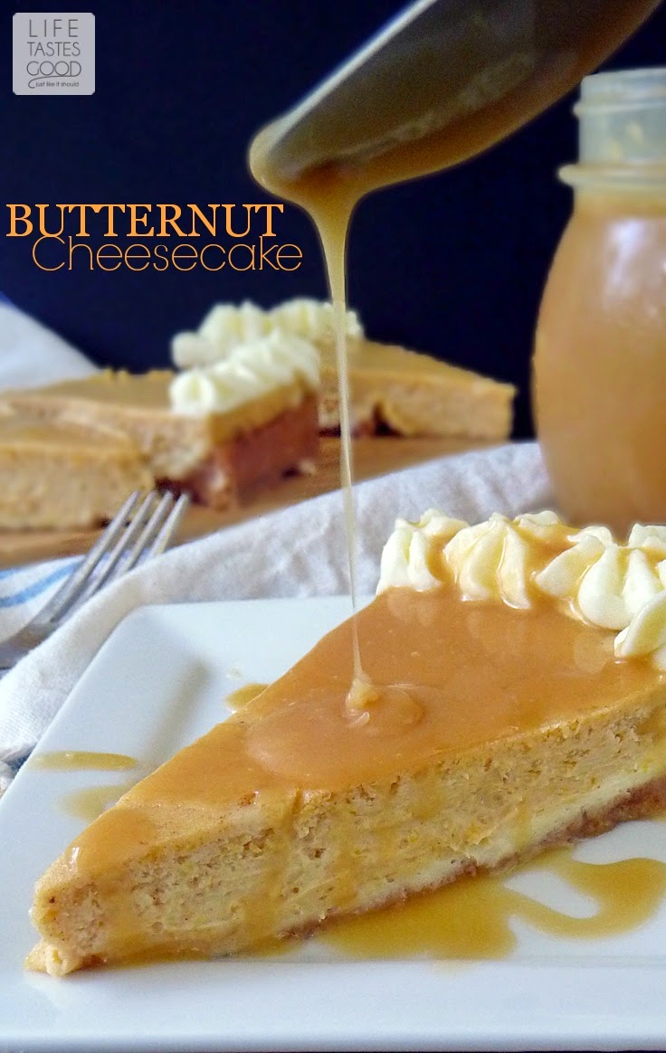 Butternut Cheesecake | by Life Tastes Good is smooth, creamy, and smothered in caramel sauce! #Dessert #Thanksgiving