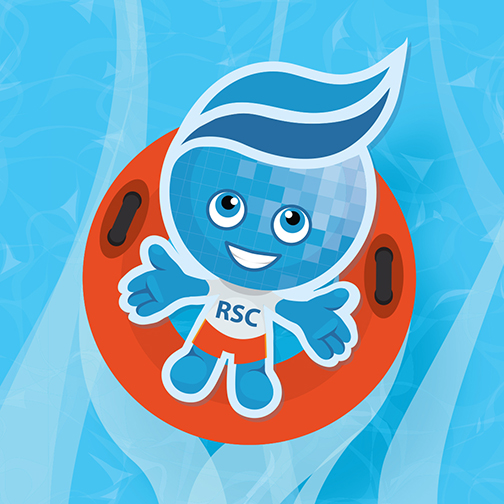 Rio Mascot Splash floating down a river in an inner tube.