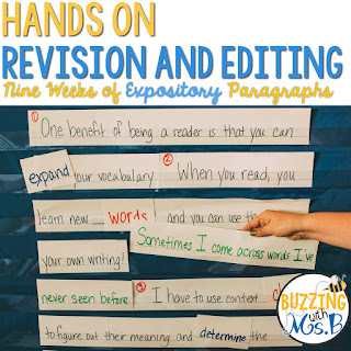 These hands-on approach for revising and editing is better than an anchor chart or a worksheet! Teach students about grammar, word choice, spelling, sentence structure, punctuation, capitalization, and so much more in one paragraph a week through manipulating sentence strips to making changes in expository or narrative paragraphs. Great for a station for students to practice these skills, too! #teachingwriting #revisingediting These hands-on approach for revising and editing is better than an anchor chart or a worksheet! Teach students about grammar, word choice, spelling, sentence structure, punctuation, capitalization, and so much more in one paragraph a week through manipulating sentence strips to making changes in expository or narrative paragraphs. Great for a station for students to practice these skills, too! #teachingwriting #revisingediting