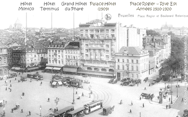 Place Rogier - Rive Est - Années 1910-1920 - Hôtel Monico - Hôtel Terminus (ayant absorbé l'Hôtel de Louvain) - Grand Hôtel du Phare ) - Palace Hôtel (1909) - Bruxelles-Bruxellons