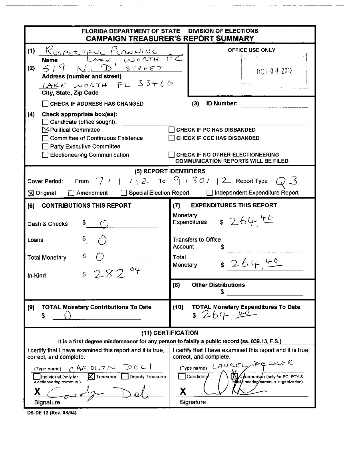 Lake Worth Beach City Limits: Respectful Planning PAC Q3 Treasurer's Report