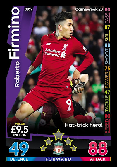 Match Attax EXTRA 2018//19 Bobby Firmino Liverpool FC Hat Trick Hero
