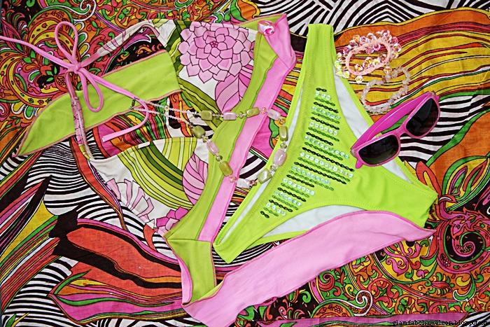 pink and green floral bikini look fashion flatlay