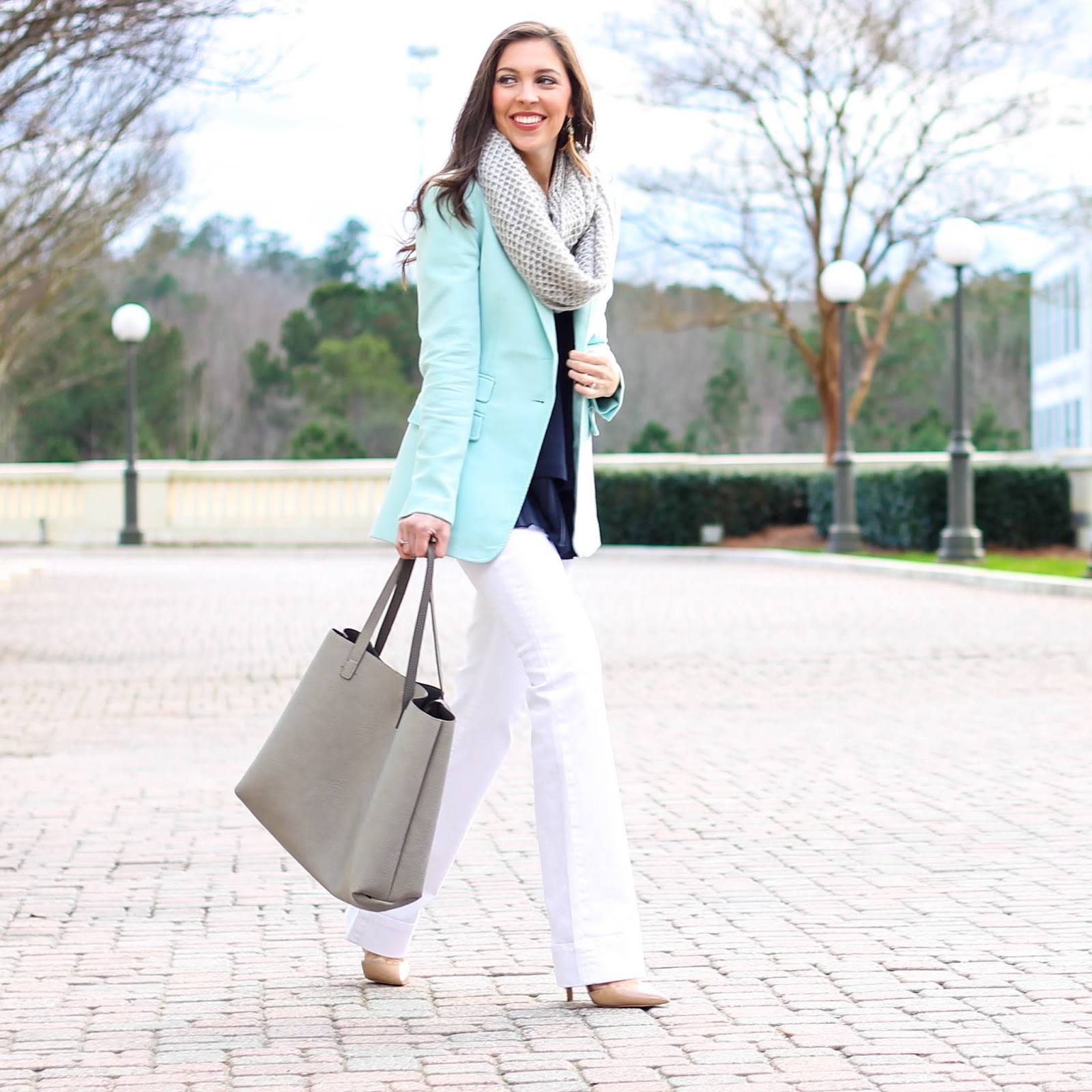 Raven and Riley earrings, Mint Blazer, Banana Republic turquoise blazer, grey knit infinity scarf, white denim wide leg trouser pants, cute winter outfit, winter outfit ideas, work outfit, cute work appropriate outfit, business casual outfit ideas, fashion blogger, north carolina blogger, pretty in the pines blog, LOFT wide leg white pants, 2016 trends, pastel blazer