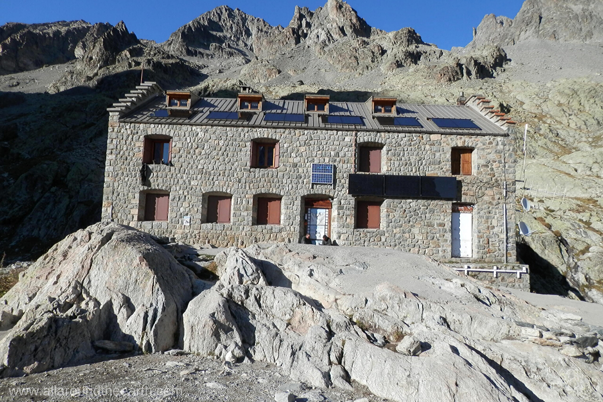 Refuge du Glacier Blanc, Vallouise Valley, Pelvoux, Écrins National Park, Alps mountains, France Hiking hut Refuge du Glacier Blanc, situated next to the White Glacier above the Vallouise Valley in the Écrins National Park of the French Alps