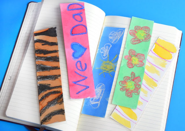Simple kid-made gift for Father's Day- watercolor resist bookmarks. What can you get the Dad who likes to read more than he likes sports, gadgets, or cars? Bookmarks covered with kid-made art.
