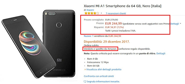 Xiaomi Mi A1 disponibile a 244 euro venduto e spedito da Amazon
