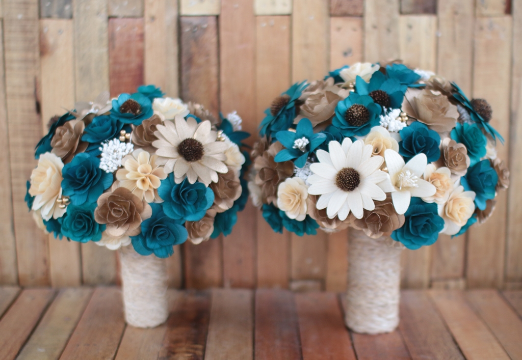Copper Teal Wedding Bouquets Made of Wooden Flowers Reduce. Reuse