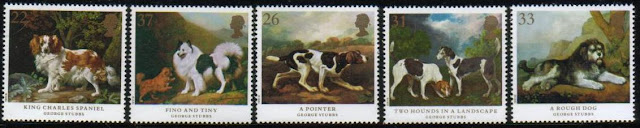 1991年イギリス（英国）　キング・チャールズ・スパニエルなどジョージ・スタッブスの絵画の切手5種