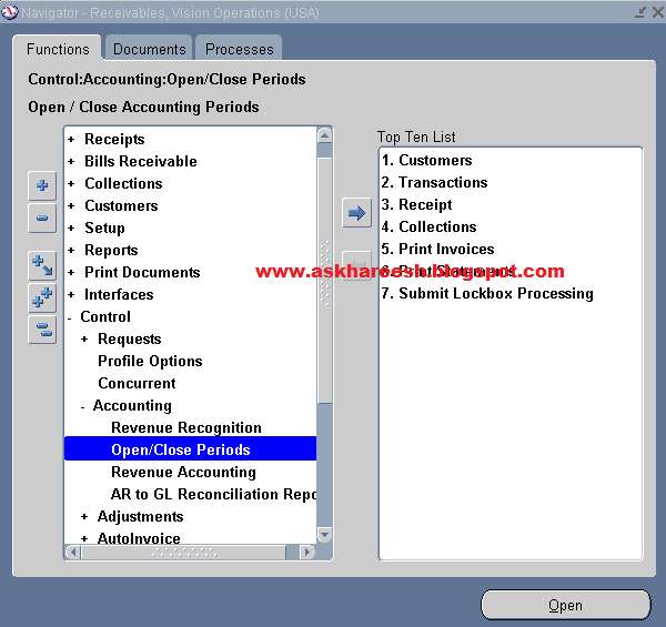 Period open process in Receivables, askhareesh blog for Oracle Apps